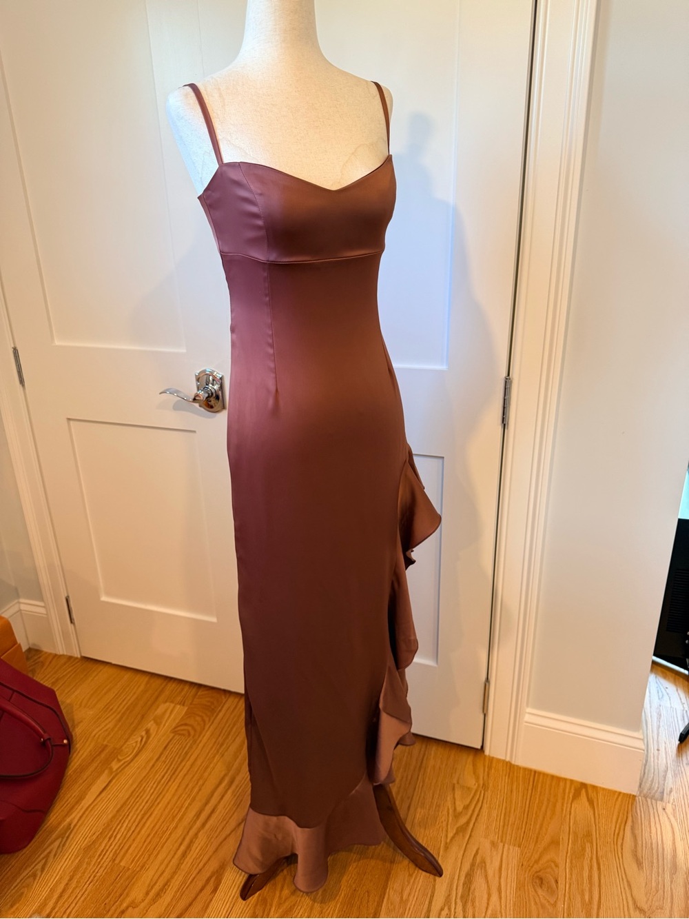 Nookie Sasha Satin High-Slit Ruffle Slip Dress in Mocha - Picture 11 of 15